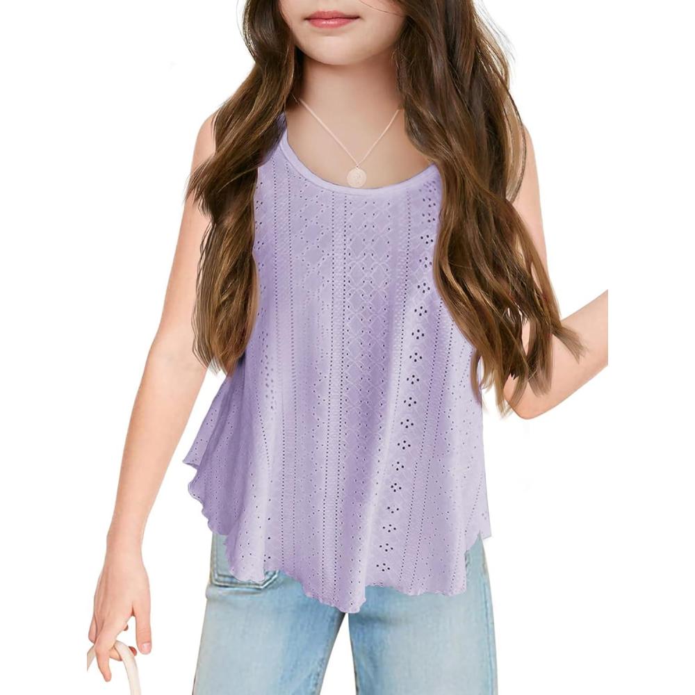 image:imageGirls Eyelet Flowy Tank Tops Cute Summer Spaghetti Strap Tops Kids Fashion Embroidery Sleeveless ShirtsPurple