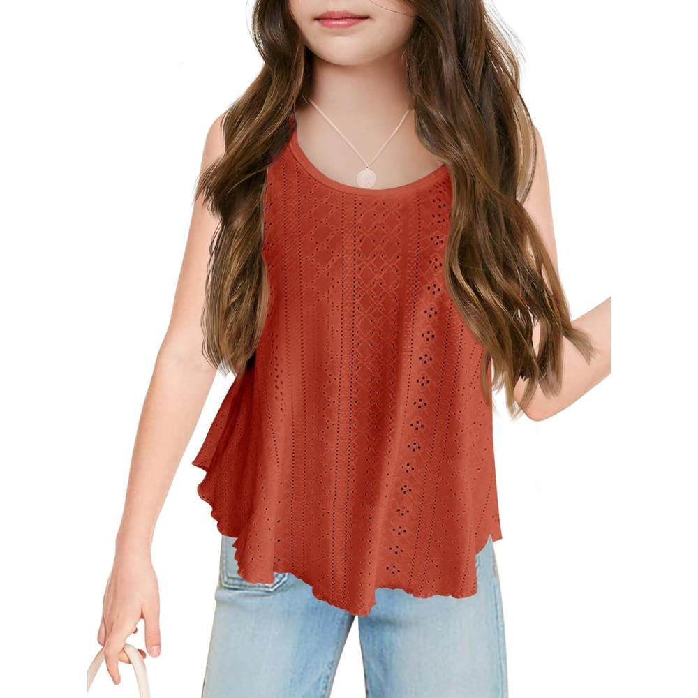image:imageGirls Eyelet Flowy Tank Tops Cute Summer Spaghetti Strap Tops Kids Fashion Embroidery Sleeveless ShirtsRust Red