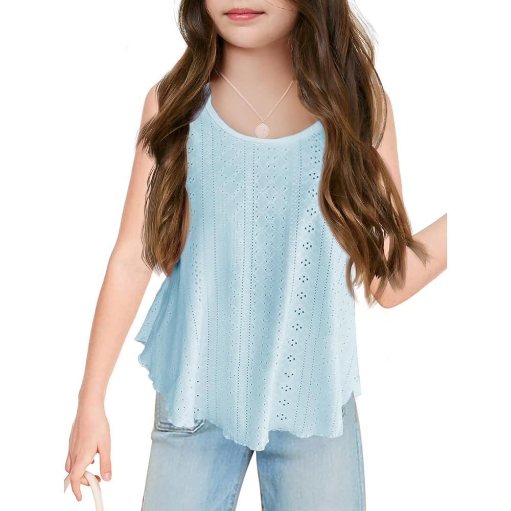 image:imageGirls Eyelet Flowy Tank Tops Cute Summer Spaghetti Strap Tops Kids Fashion Embroidery Sleeveless ShirtsSky Blue