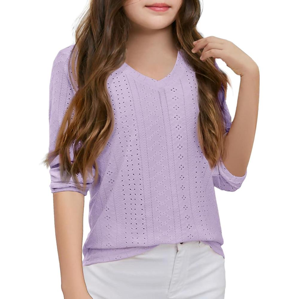 image:imageGirls Eyelet Long Sleeve Shirts Kids Casual V Neck Solid Blouse Tops 514 Years