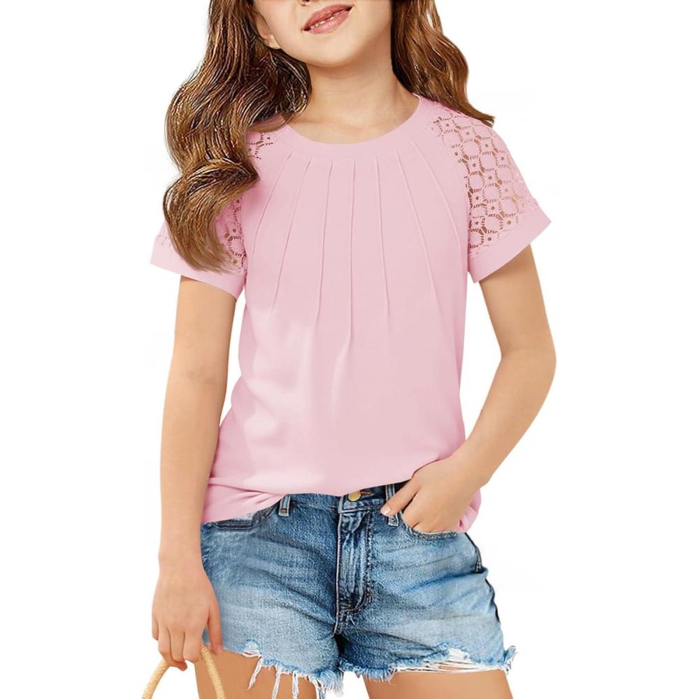 image:imageGirls Pleated T Shirts Kids Fashion Lace Sleeve Summer Tops Casual Crewneck Blouse 514 YearsLight Pink