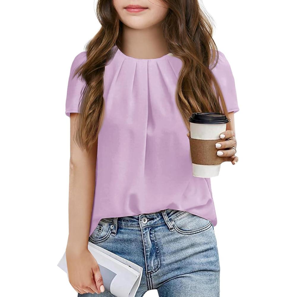 image:imageGirls Shirts Summer Short Sleeve Cute Tops Chiffon Pleated Blouses 514 YearsPurple