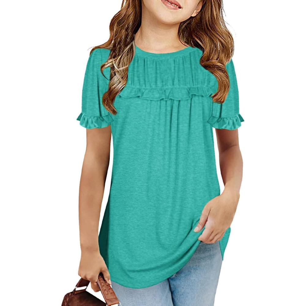 image:imageHaloumoning Girls Cute Short Sleeve Tunic Tops Casual Loose Ruffle T Shirts Kids Summer Soft Blouses Size 415 YearsAlake Blue