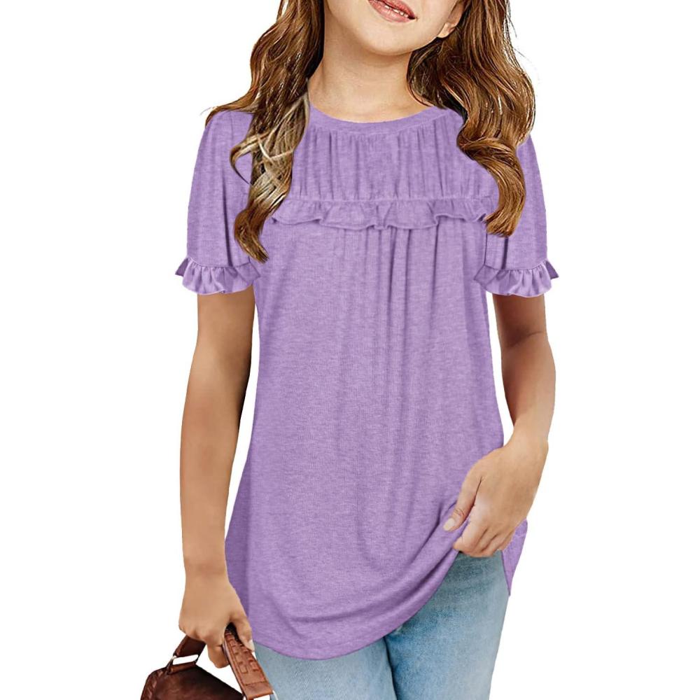 image:imageHaloumoning Girls Cute Short Sleeve Tunic Tops Casual Loose Ruffle T Shirts Kids Summer Soft Blouses Size 415 YearsApurple