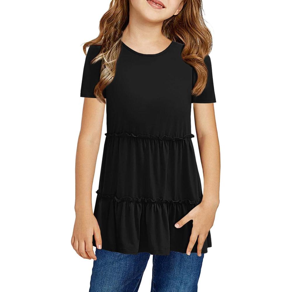 image:imageHaloumoning Girls Cute Short Sleeve Tunic Tops Casual Loose Ruffle T Shirts Kids Summer Soft Blouses Size 415 YearsBblack