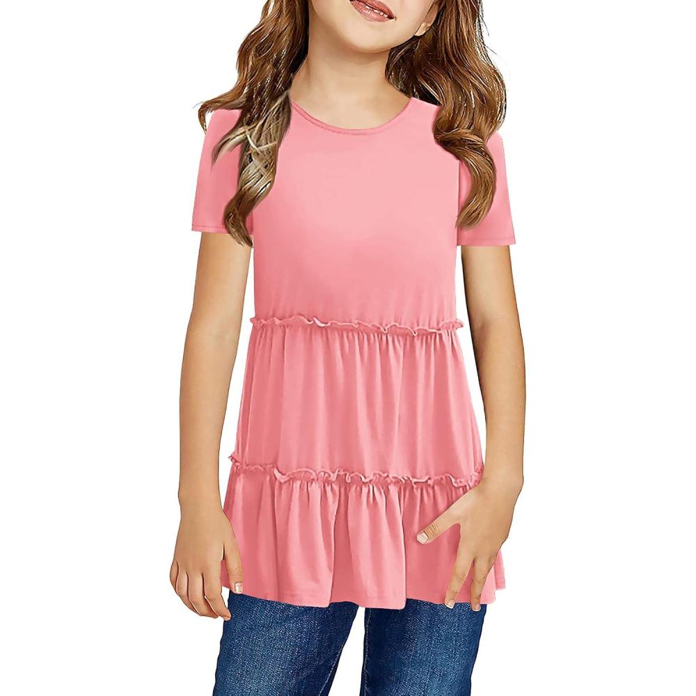 image:imageHaloumoning Girls Cute Short Sleeve Tunic Tops Casual Loose Ruffle T Shirts Kids Summer Soft Blouses Size 415 YearsBpink