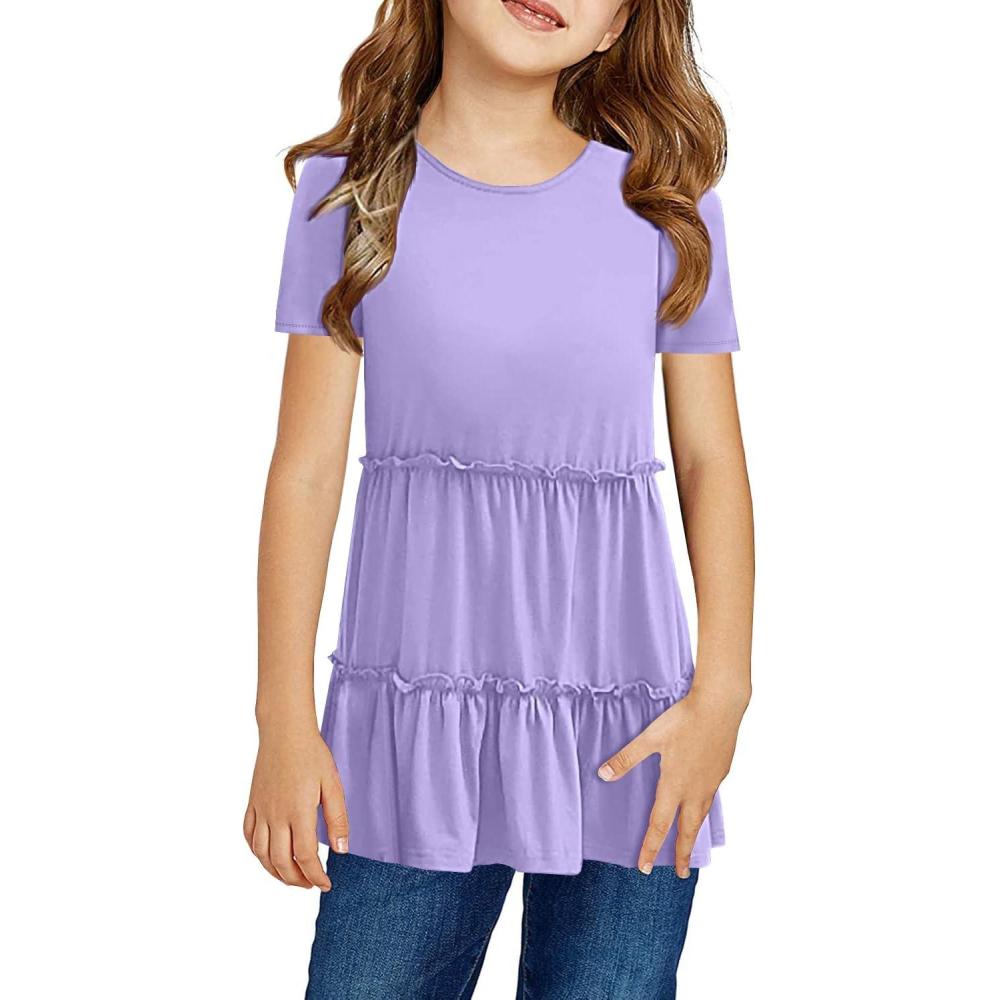 image:imageHaloumoning Girls Cute Short Sleeve Tunic Tops Casual Loose Ruffle T Shirts Kids Summer Soft Blouses Size 415 YearsBpurple