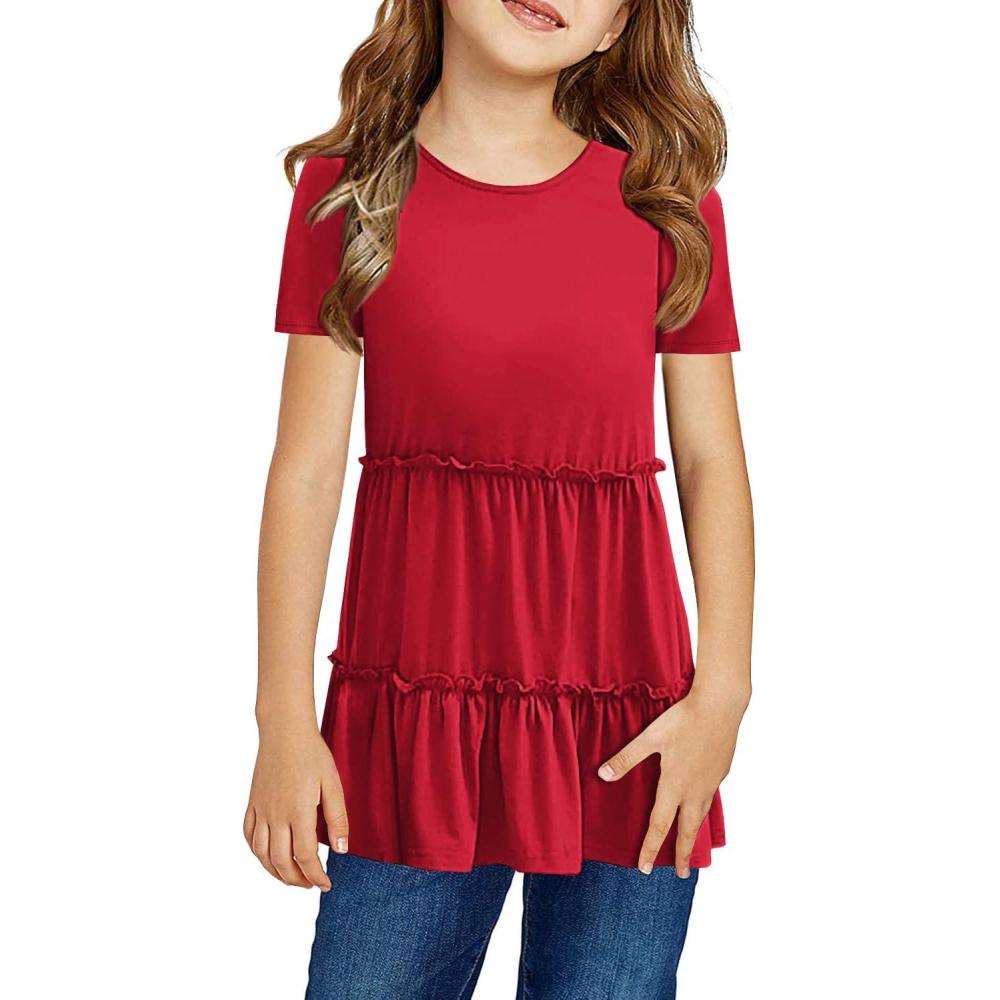 image:imageHaloumoning Girls Cute Short Sleeve Tunic Tops Casual Loose Ruffle T Shirts Kids Summer Soft Blouses Size 415 YearsBred