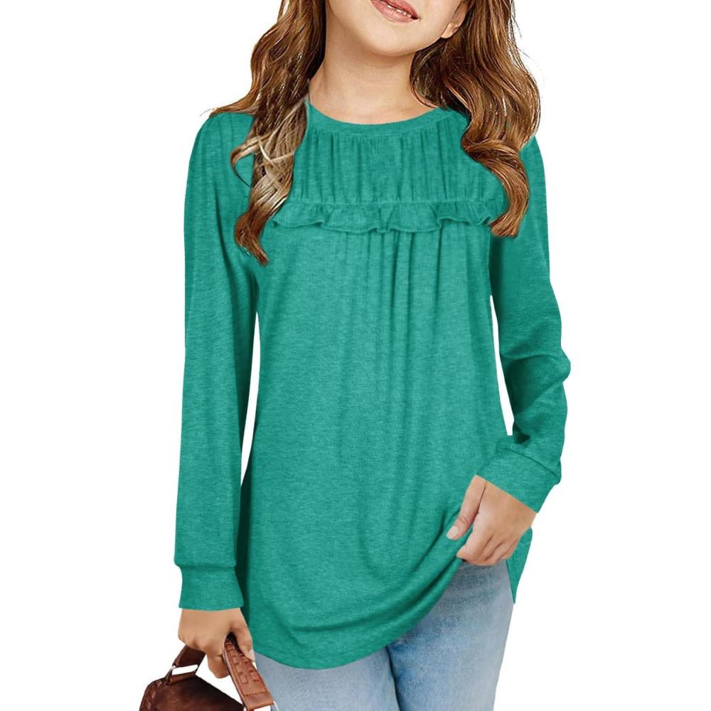 image:imageHaloumoning Girls Cute Short Sleeve Tunic Tops Casual Loose Ruffle T Shirts Kids Summer Soft Blouses Size 415 YearsZ1lake Blue
