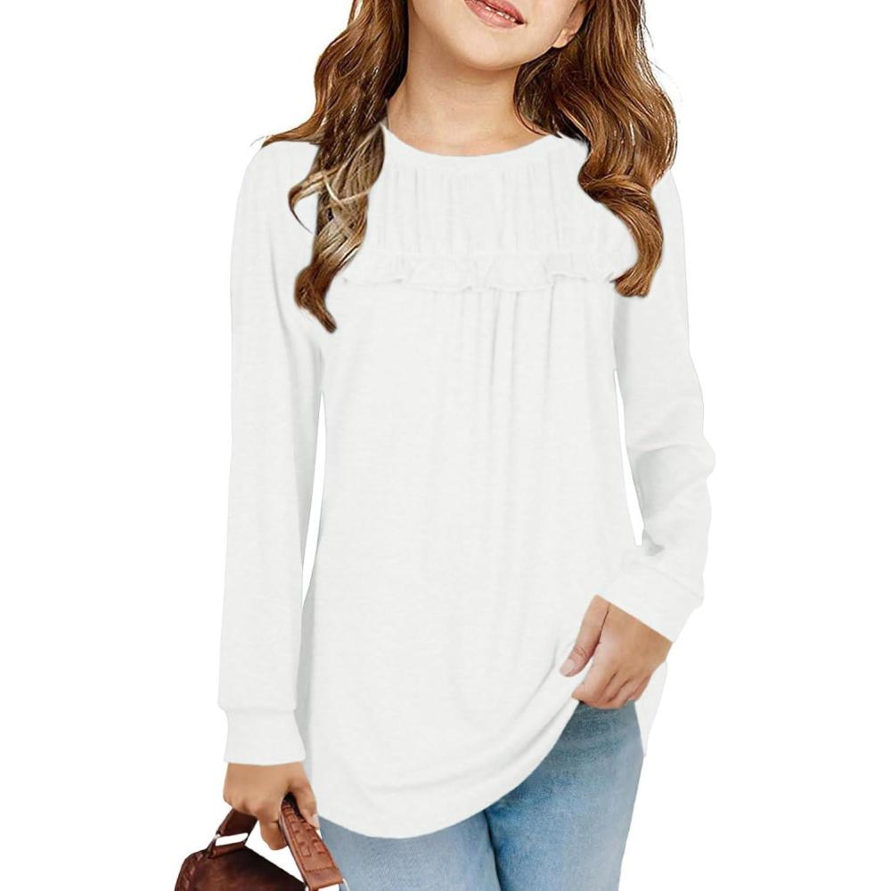 image:imageHaloumoning Girls Cute Short Sleeve Tunic Tops Casual Loose Ruffle T Shirts Kids Summer Soft Blouses Size 415 YearsZ1white