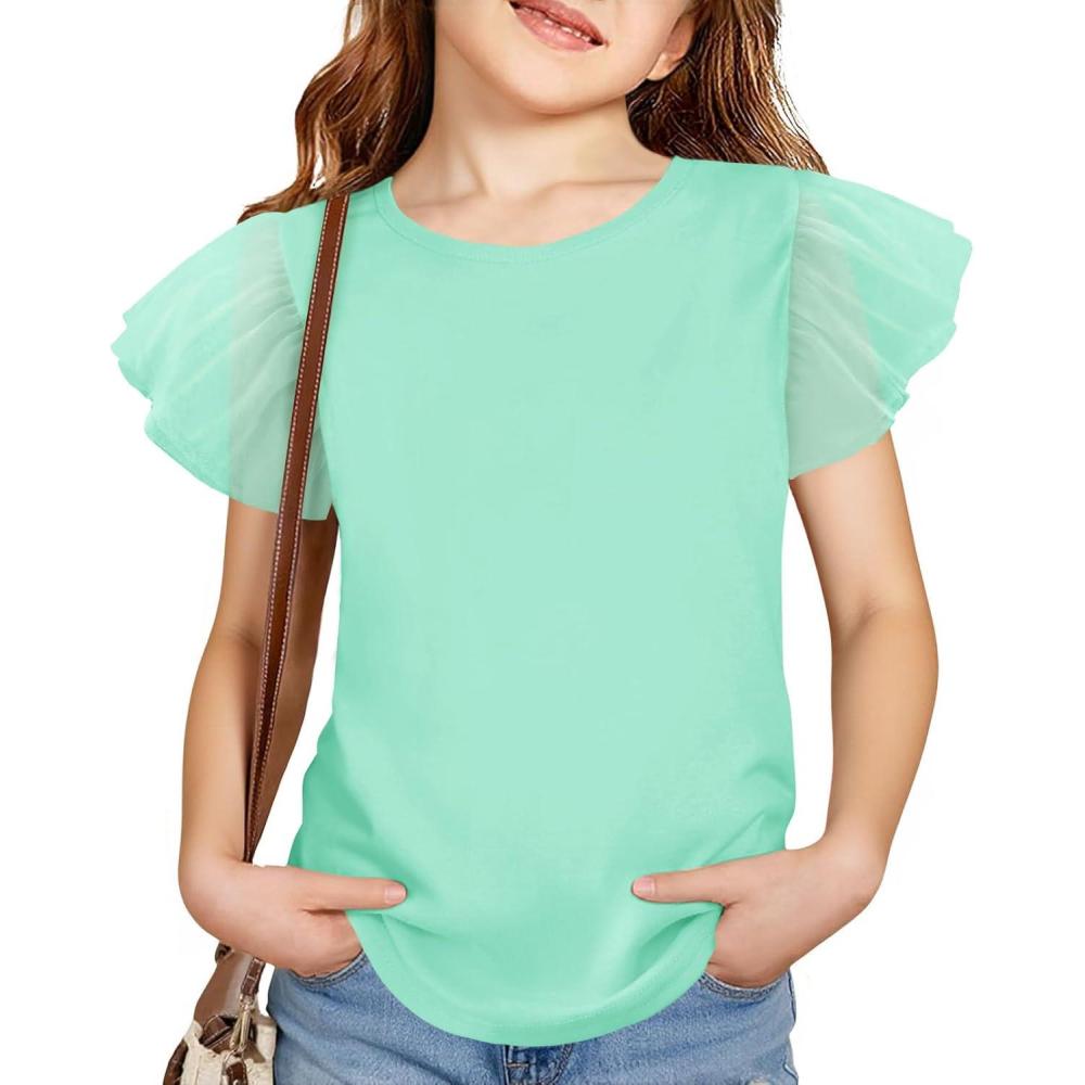 image:imageHaloumoning Girls Mesh Ruffle Sleeve Shirts Kids Cute Crewneck Tops Casual Summer Blouse 514 YearsMint Green