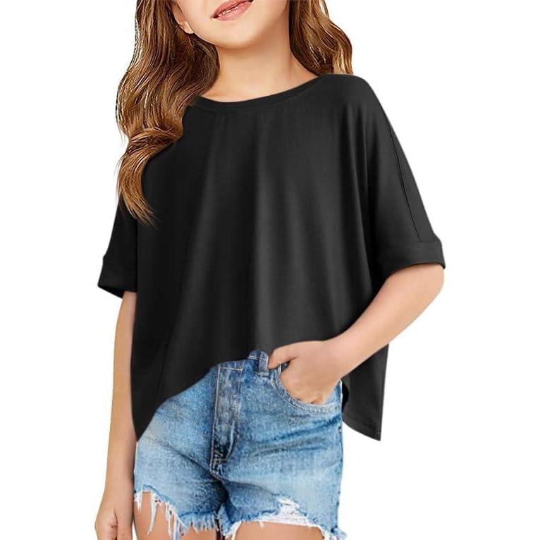 image:imageHaloumoning Girls Oversized Crop T Shirts Kids Summer Crewneck Batwing Half Sleeve Tops Tees 514 YearsBlack