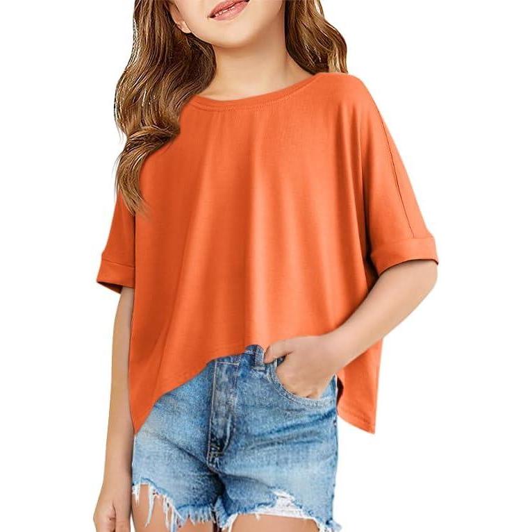 image:imageHaloumoning Girls Oversized Crop T Shirts Kids Summer Crewneck Batwing Half Sleeve Tops Tees 514 YearsOrange