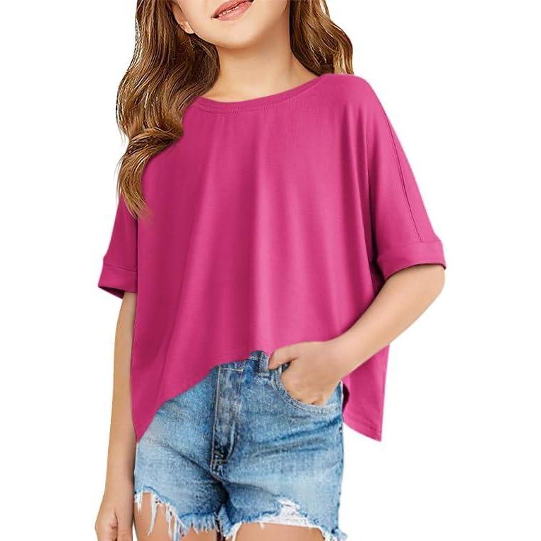 image:imageHaloumoning Girls Oversized Crop T Shirts Kids Summer Crewneck Batwing Half Sleeve Tops Tees 514 YearsRose Red