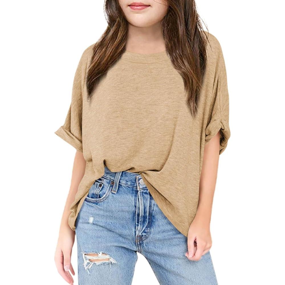 image:imageHaloumoning Girls Oversized TShirts Short Sleeve Crewneck Summer Casual Loose Tops TeesKhaki