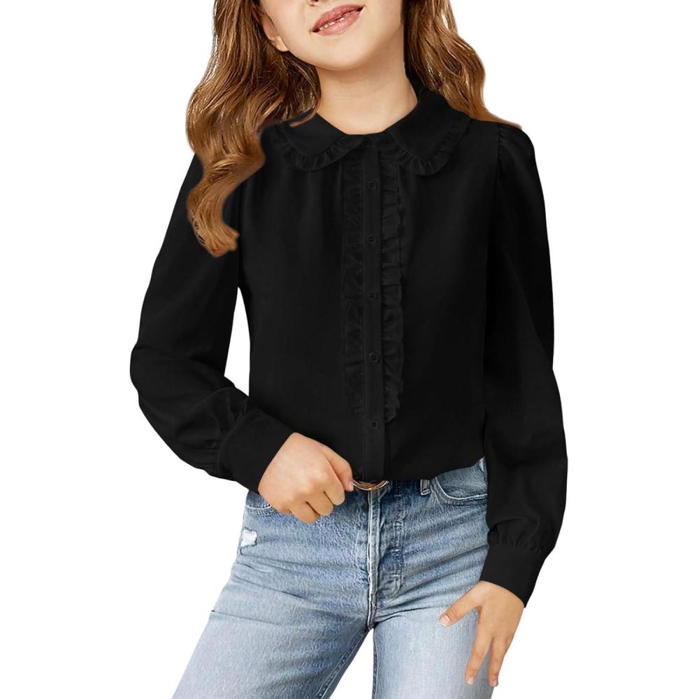 image:imageHaloumoning Girls Puff Long Sleeve Shirts Cute Casual Peter Pan Collar Blouse Ruffle Button Down Chiffon Tops 714 YearsBlack