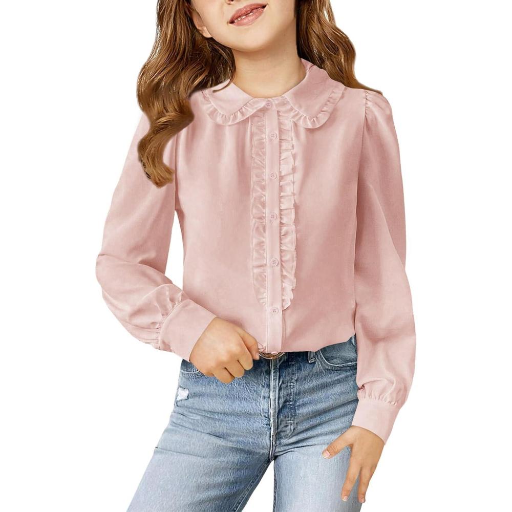 image:imageHaloumoning Girls Puff Long Sleeve Shirts Cute Casual Peter Pan Collar Blouse Ruffle Button Down Chiffon Tops 714 YearsPink