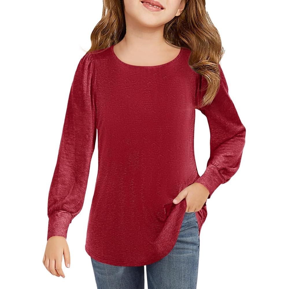 image:imageHaloumoning Girls Puff Long Sleeve Shirts Kids Casual Crewneck Soft Tunic Tops Blouse 514 YearsBurgundy