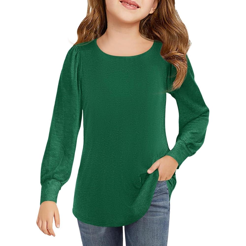 image:imageHaloumoning Girls Puff Long Sleeve Shirts Kids Casual Crewneck Soft Tunic Tops Blouse 514 YearsDark Green
