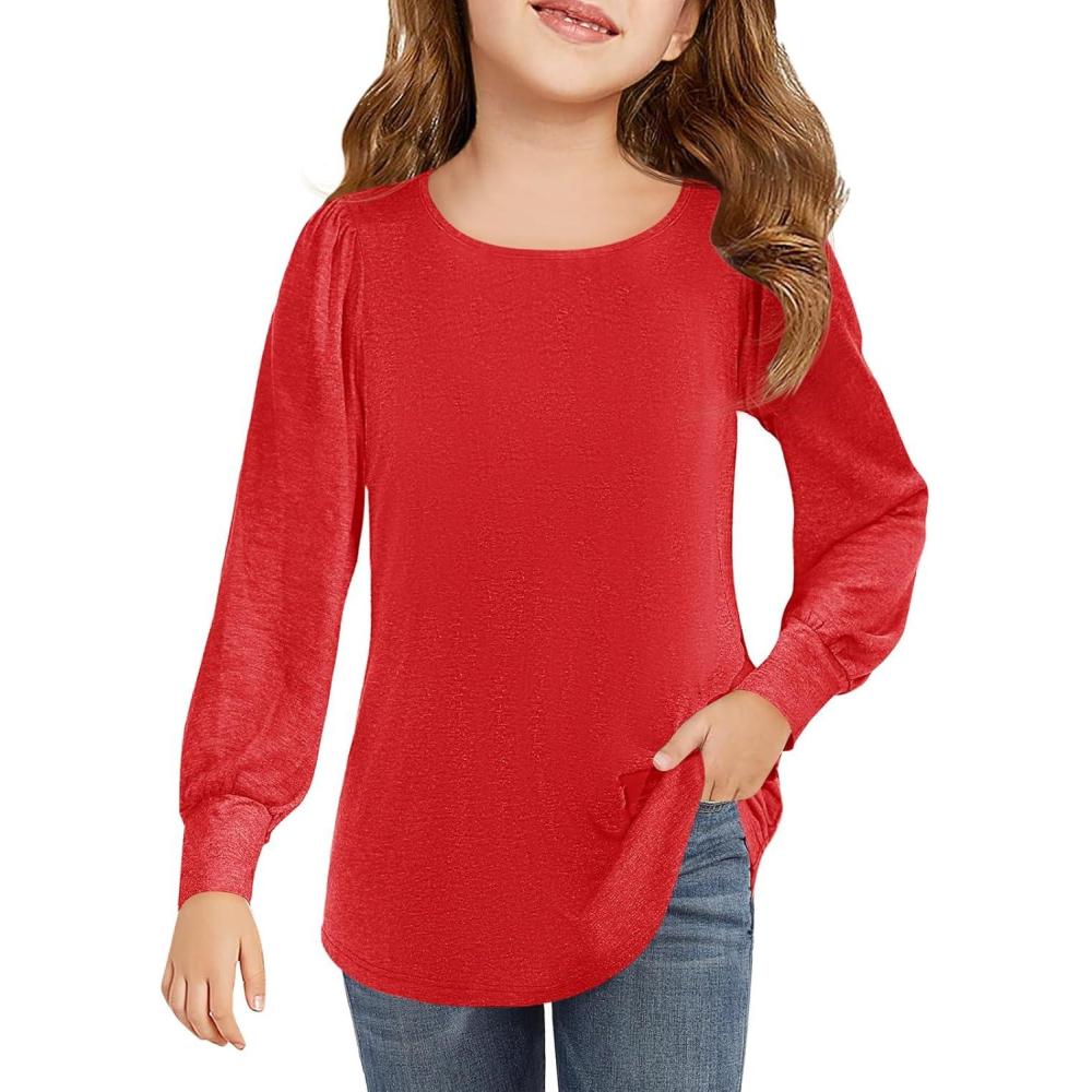 image:imageHaloumoning Girls Puff Long Sleeve Shirts Kids Casual Crewneck Soft Tunic Tops Blouse 514 YearsDark Red