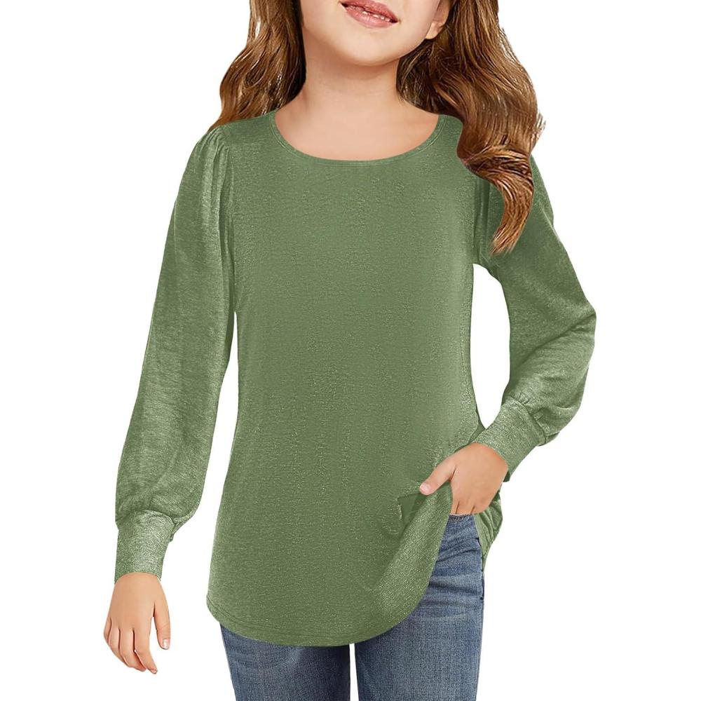 image:imageHaloumoning Girls Puff Long Sleeve Shirts Kids Casual Crewneck Soft Tunic Tops Blouse 514 YearsGreen