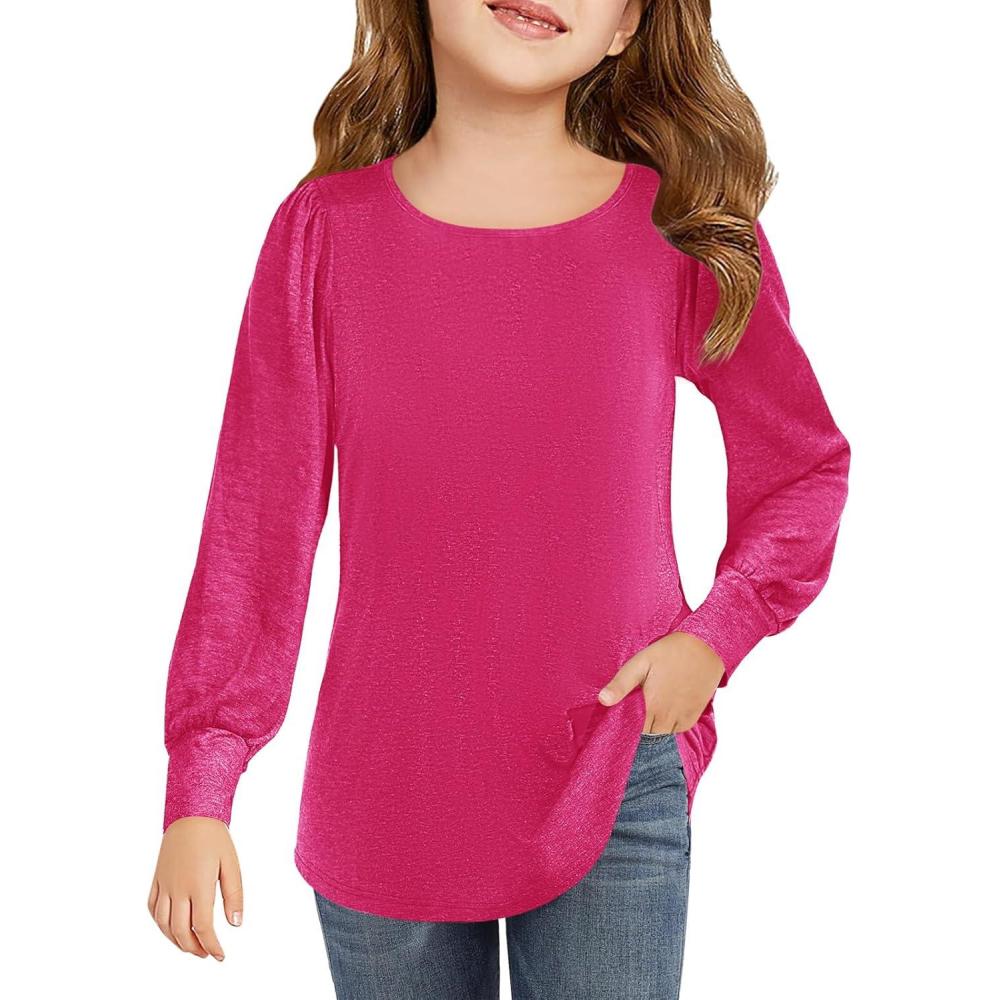 image:imageHaloumoning Girls Puff Long Sleeve Shirts Kids Casual Crewneck Soft Tunic Tops Blouse 514 YearsHot Pink