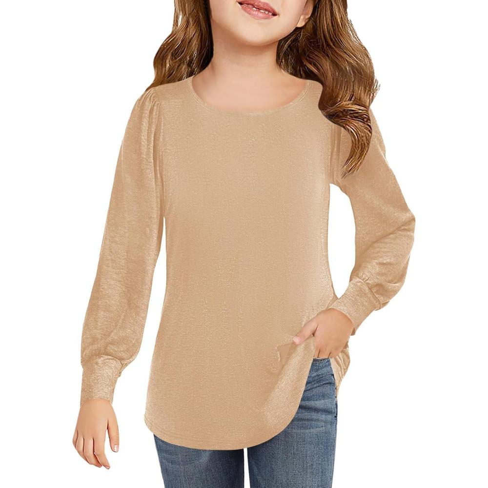 image:imageHaloumoning Girls Puff Long Sleeve Shirts Kids Casual Crewneck Soft Tunic Tops Blouse 514 YearsKhaki