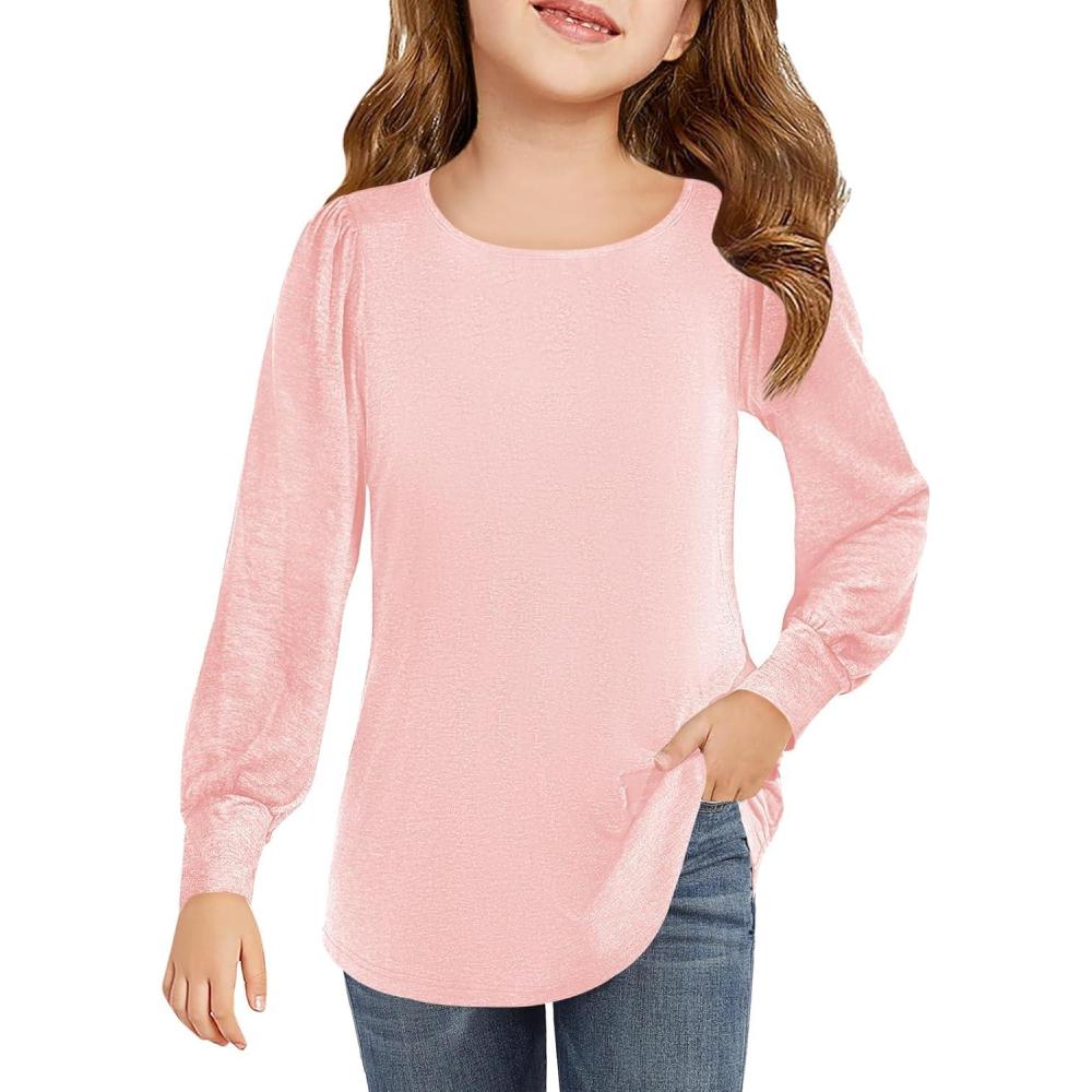 image:imageHaloumoning Girls Puff Long Sleeve Shirts Kids Casual Crewneck Soft Tunic Tops Blouse 514 YearsLight Pink