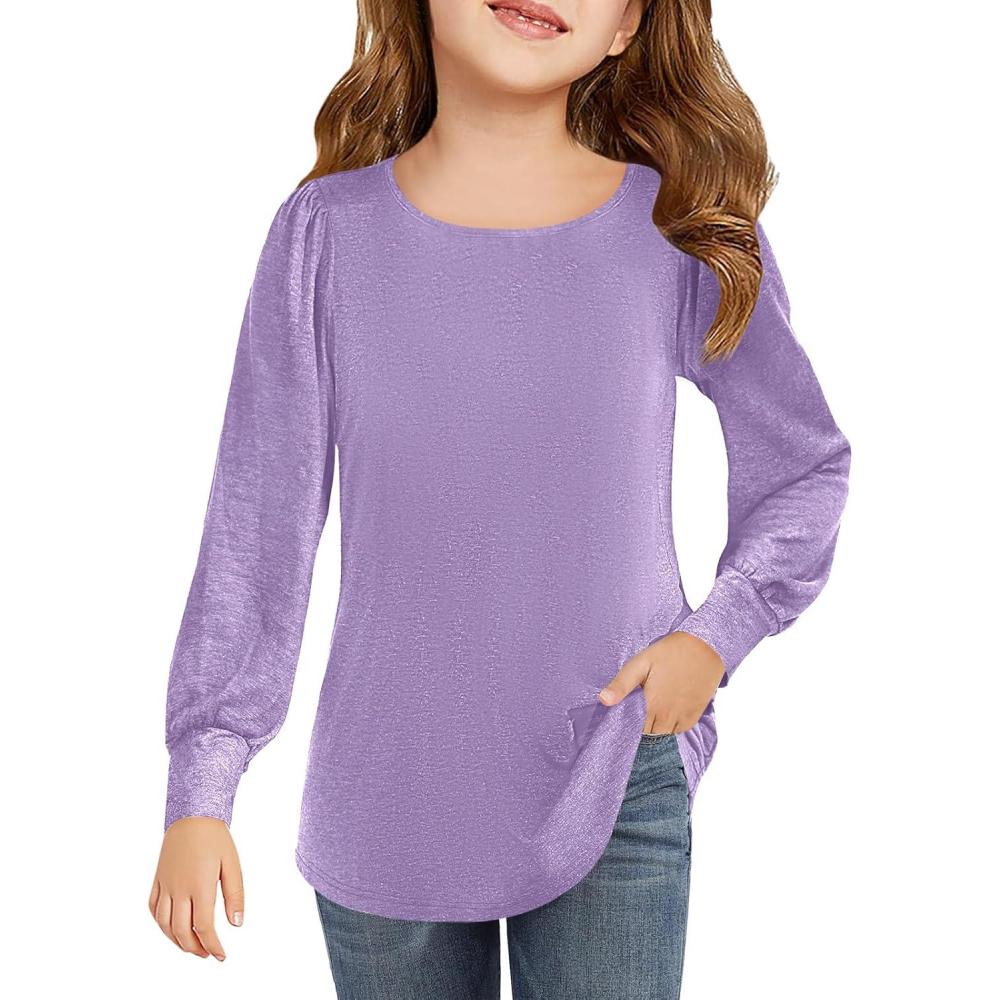 image:imageHaloumoning Girls Puff Long Sleeve Shirts Kids Casual Crewneck Soft Tunic Tops Blouse 514 YearsPurple