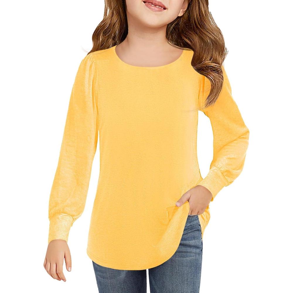 image:imageHaloumoning Girls Puff Long Sleeve Shirts Kids Casual Crewneck Soft Tunic Tops Blouse 514 YearsYellow