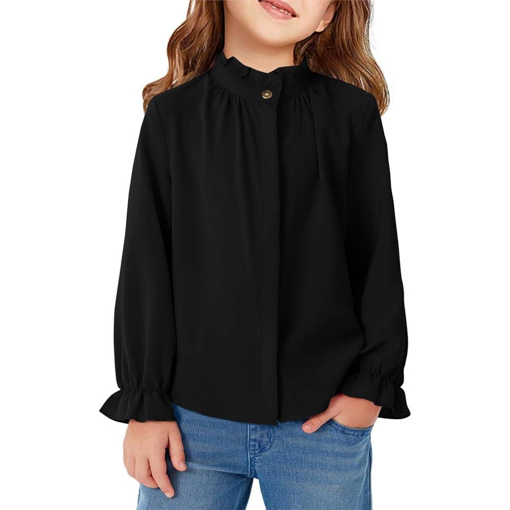 image:imageHaloumoning Girls Ruffle Long Sleeve Blouse Kids Button Down Uniform Dress Shirts 514 YearsBlack