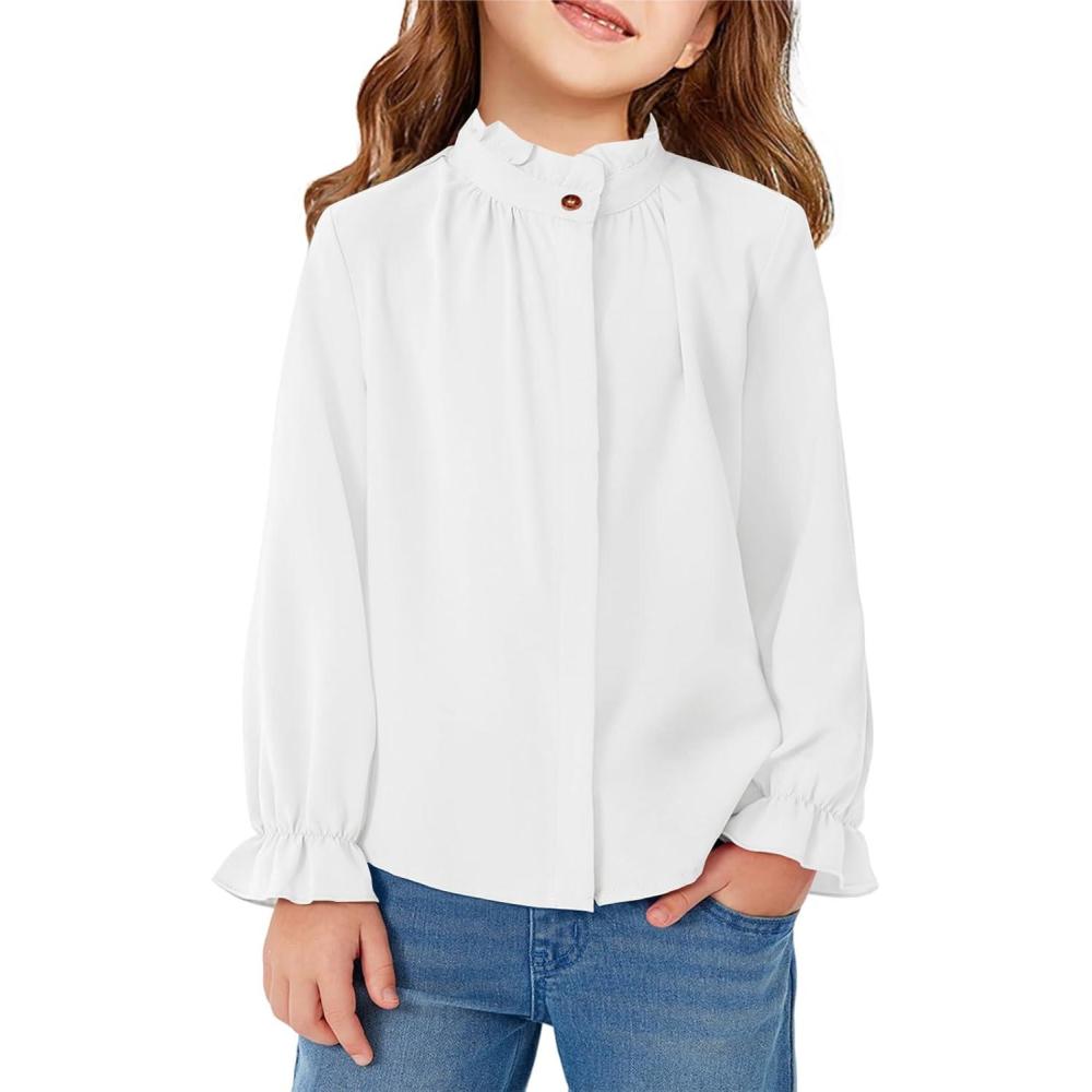 image:imageHaloumoning Girls Ruffle Long Sleeve Blouse Kids Button Down Uniform Dress Shirts 514 YearsWhite
