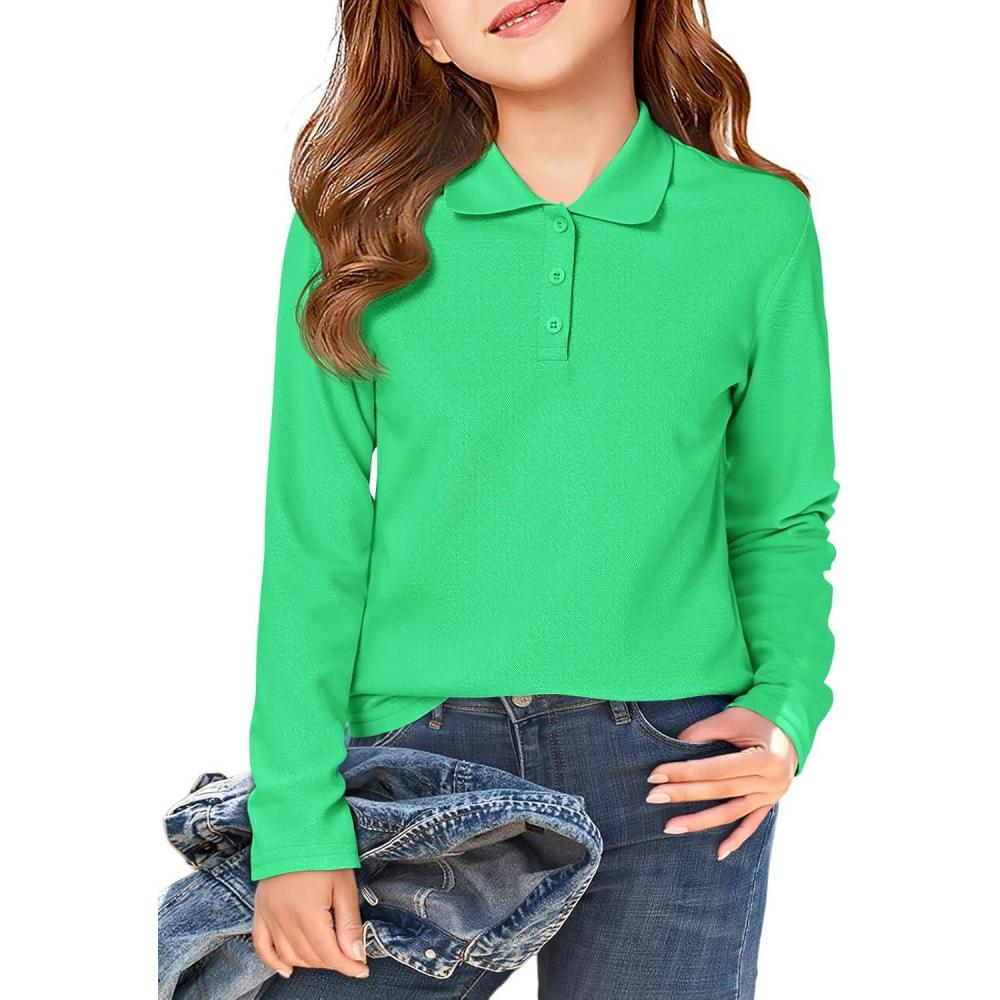 image:imageHaloumoning Girls School Uniform Long Sleeve Polo Shirt Kids Golf Pique Polo Shirts 514 YearsGreen