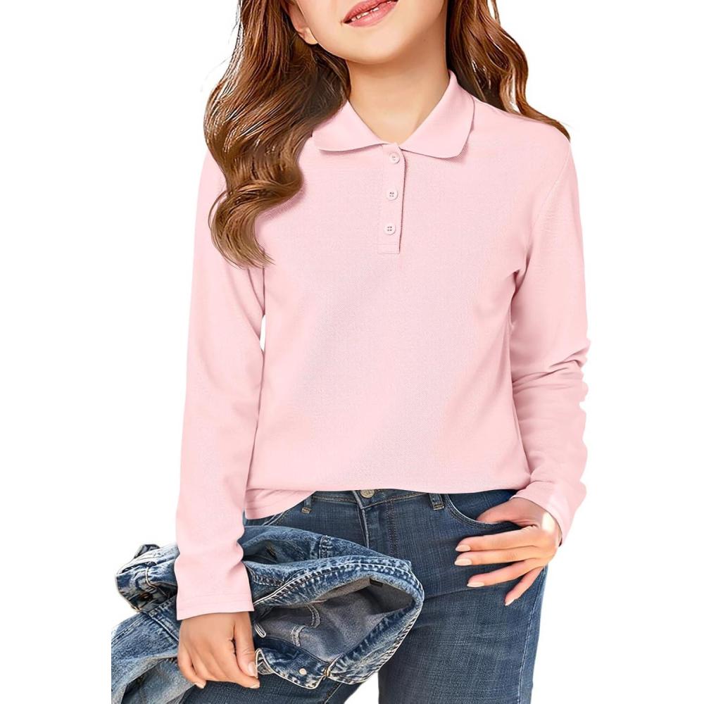 image:imageHaloumoning Girls School Uniform Long Sleeve Polo Shirt Kids Golf Pique Polo Shirts 514 YearsLight Pink