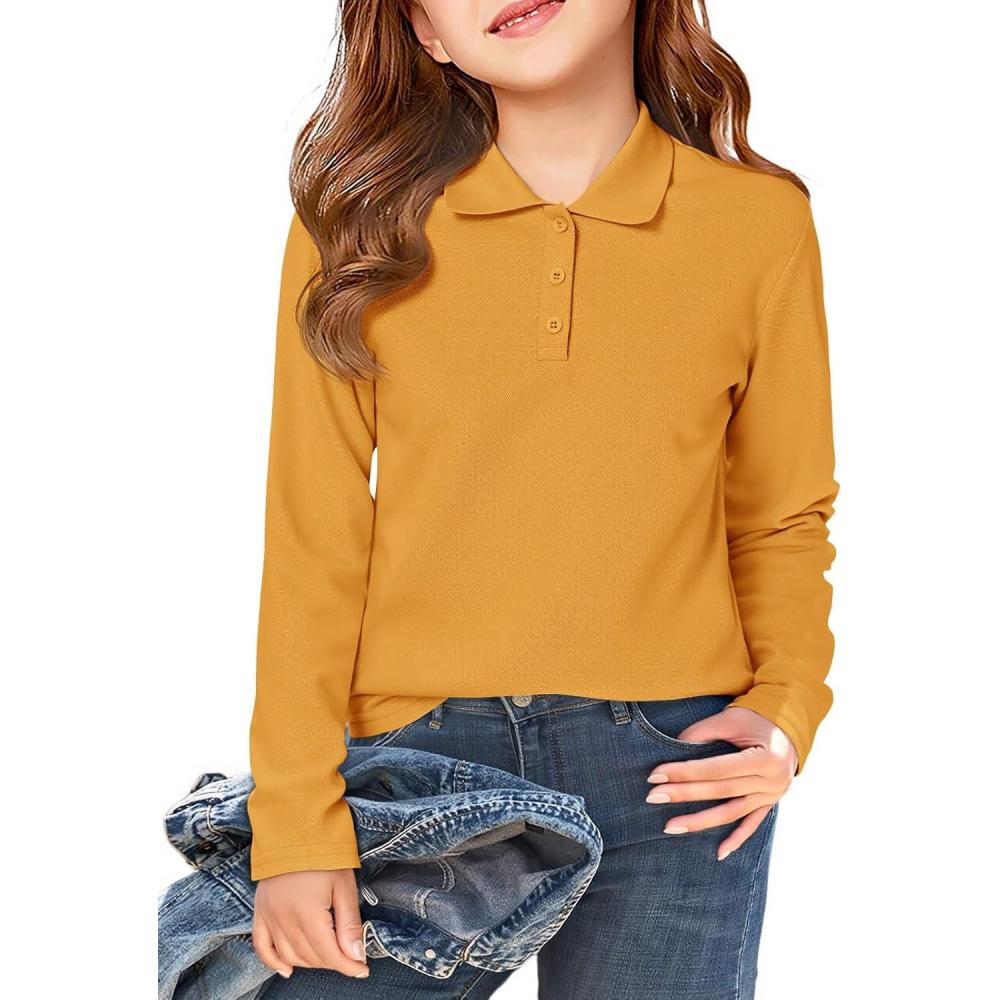 image:imageHaloumoning Girls School Uniform Long Sleeve Polo Shirt Kids Golf Pique Polo Shirts 514 YearsOrange