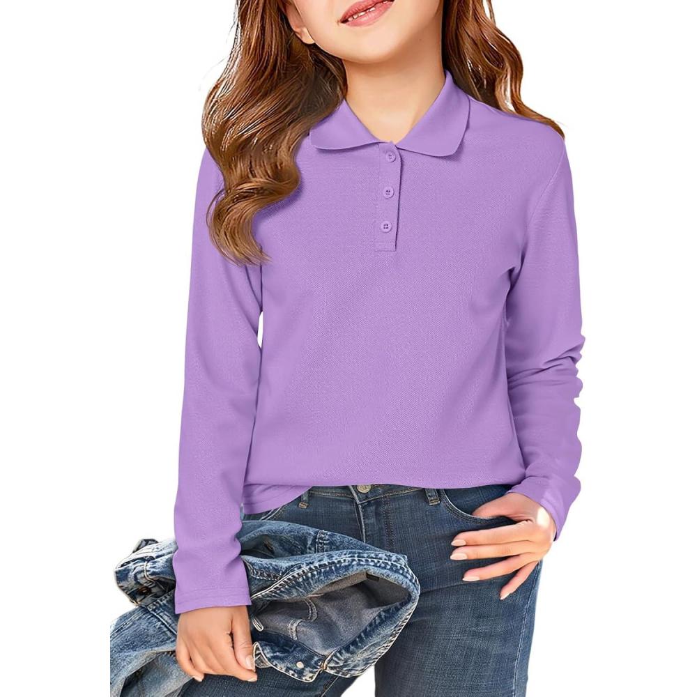 image:imageHaloumoning Girls School Uniform Long Sleeve Polo Shirt Kids Golf Pique Polo Shirts 514 YearsPurple