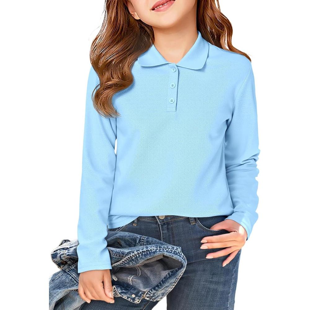 image:imageHaloumoning Girls School Uniform Long Sleeve Polo Shirt Kids Golf Pique Polo Shirts 514 YearsSky Blue