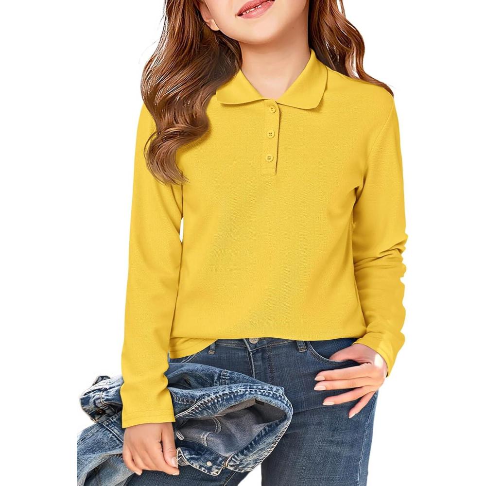 image:imageHaloumoning Girls School Uniform Long Sleeve Polo Shirt Kids Golf Pique Polo Shirts 514 YearsYellow