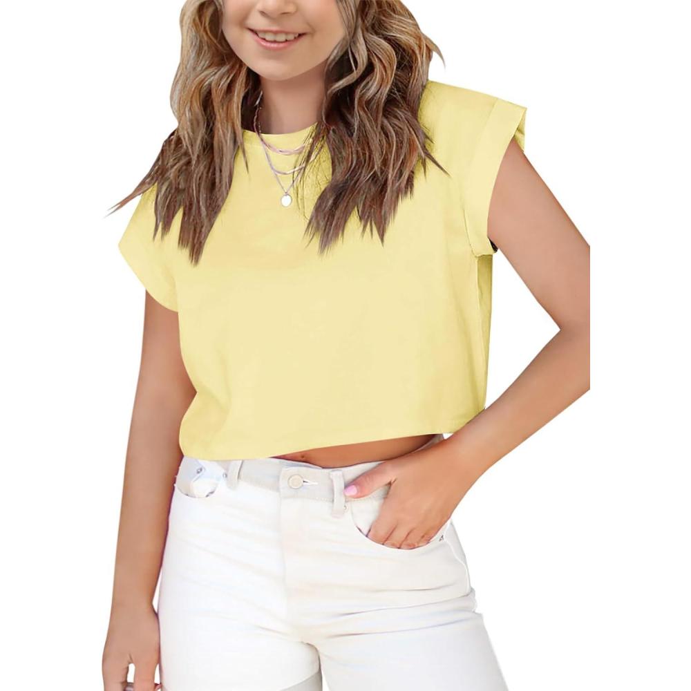 image:imageHaloumoning Girls Short Sleeve TShirts Crop Top Rolled Sleeve Round Neck Solid Loose Basic Tees for SummerLight Yellow