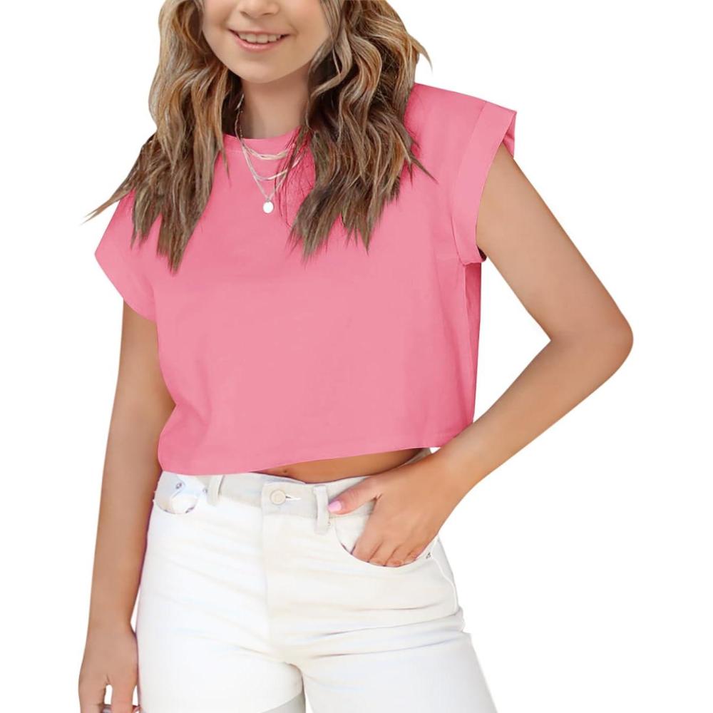 image:imageHaloumoning Girls Short Sleeve TShirts Crop Top Rolled Sleeve Round Neck Solid Loose Basic Tees for SummerPink