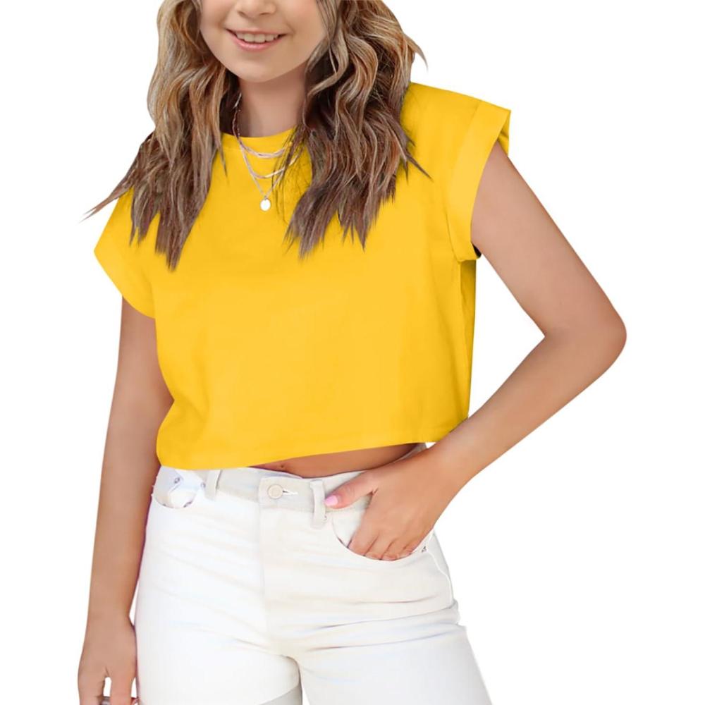 image:imageHaloumoning Girls Short Sleeve TShirts Crop Top Rolled Sleeve Round Neck Solid Loose Basic Tees for SummerYellow
