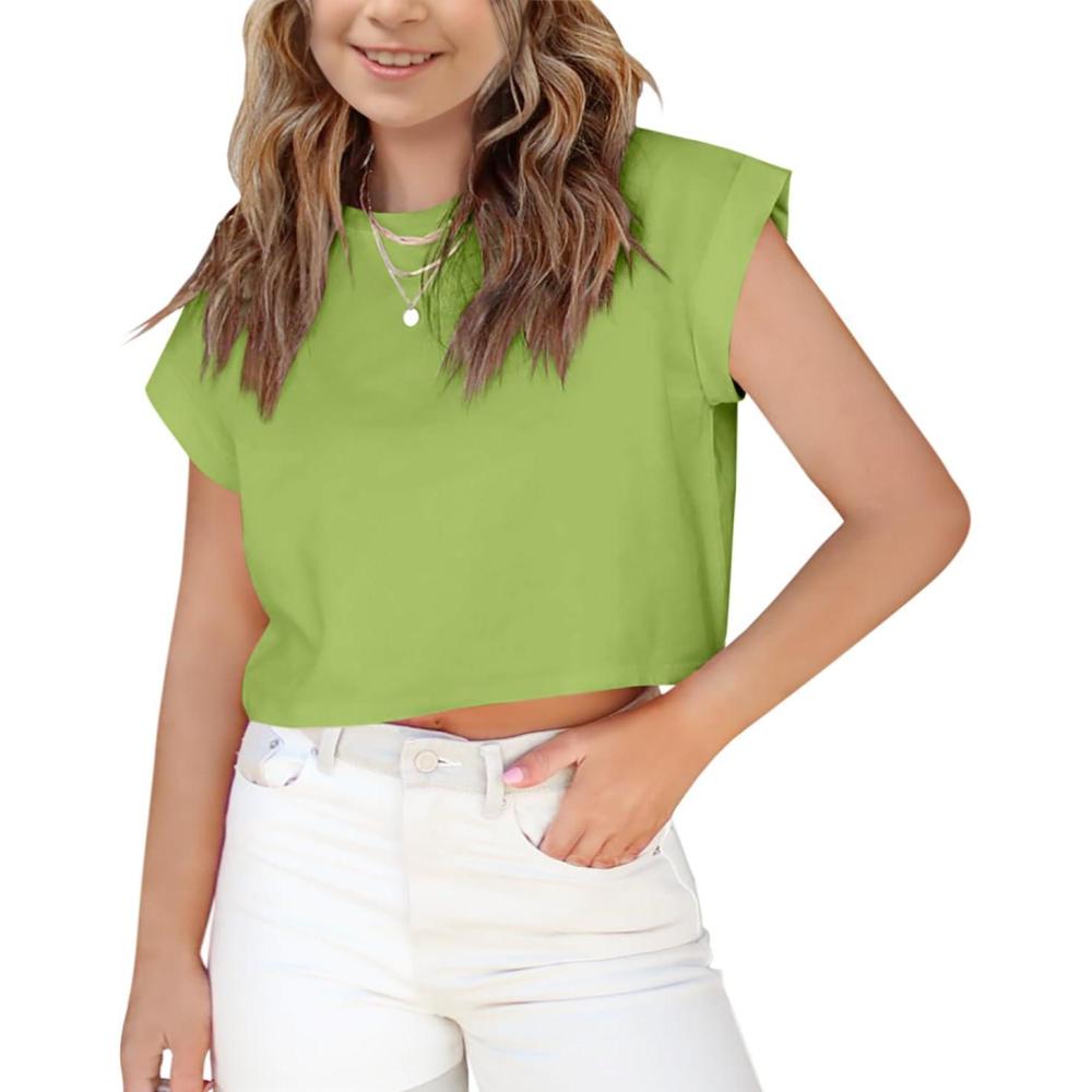 image:imageHaloumoning Girls Short Sleeve TShirts Crop Top Rolled Sleeve Round Neck Solid Loose Basic Tees for SummerYellow Green