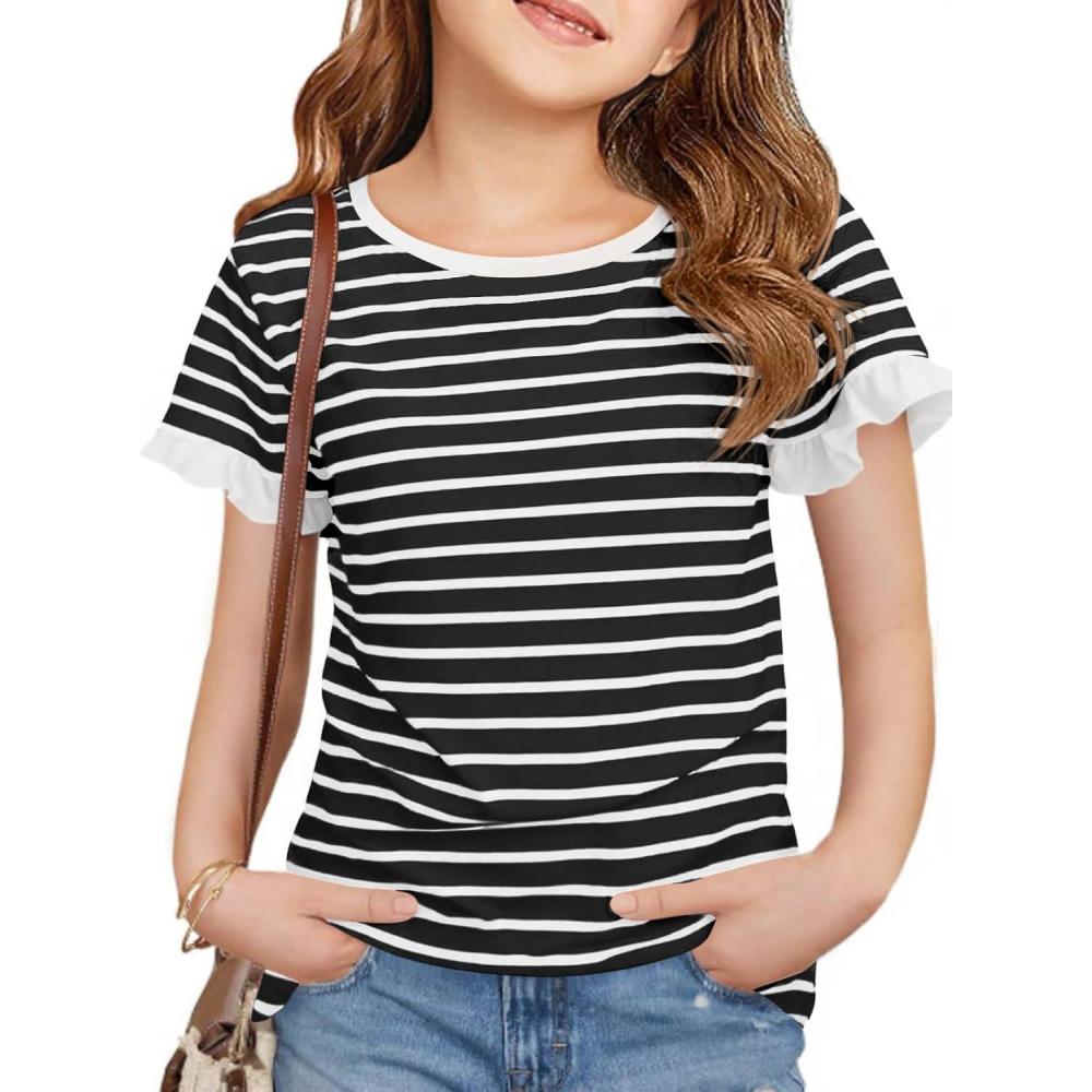 image:imageHaloumoning Girls Striped Ruffle Short Sleeve T Shirts Kids Summer Crewneck Tops Casual Tees 514 YearsBlack