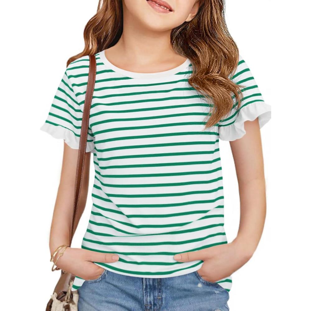 image:imageHaloumoning Girls Striped Ruffle Short Sleeve T Shirts Kids Summer Crewneck Tops Casual Tees 514 YearsGreen