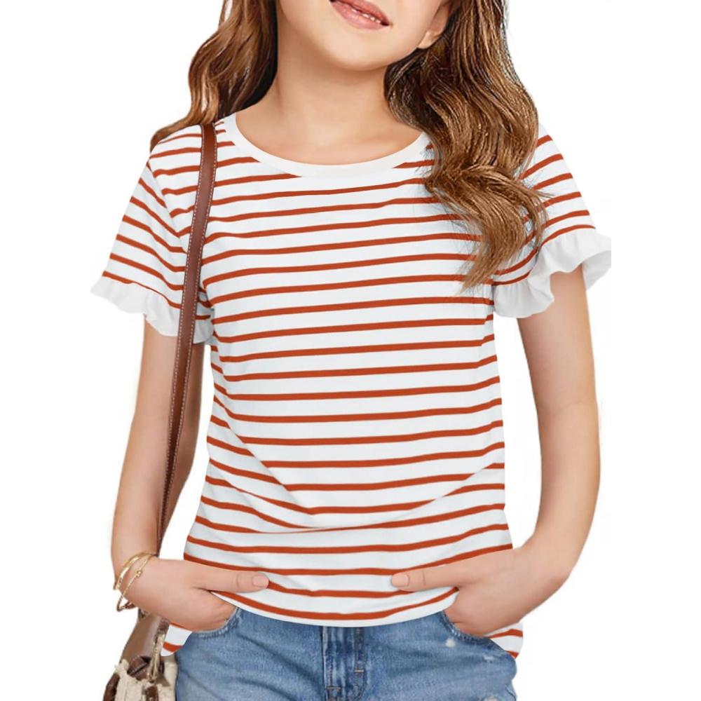 image:imageHaloumoning Girls Striped Ruffle Short Sleeve T Shirts Kids Summer Crewneck Tops Casual Tees 514 YearsOrange