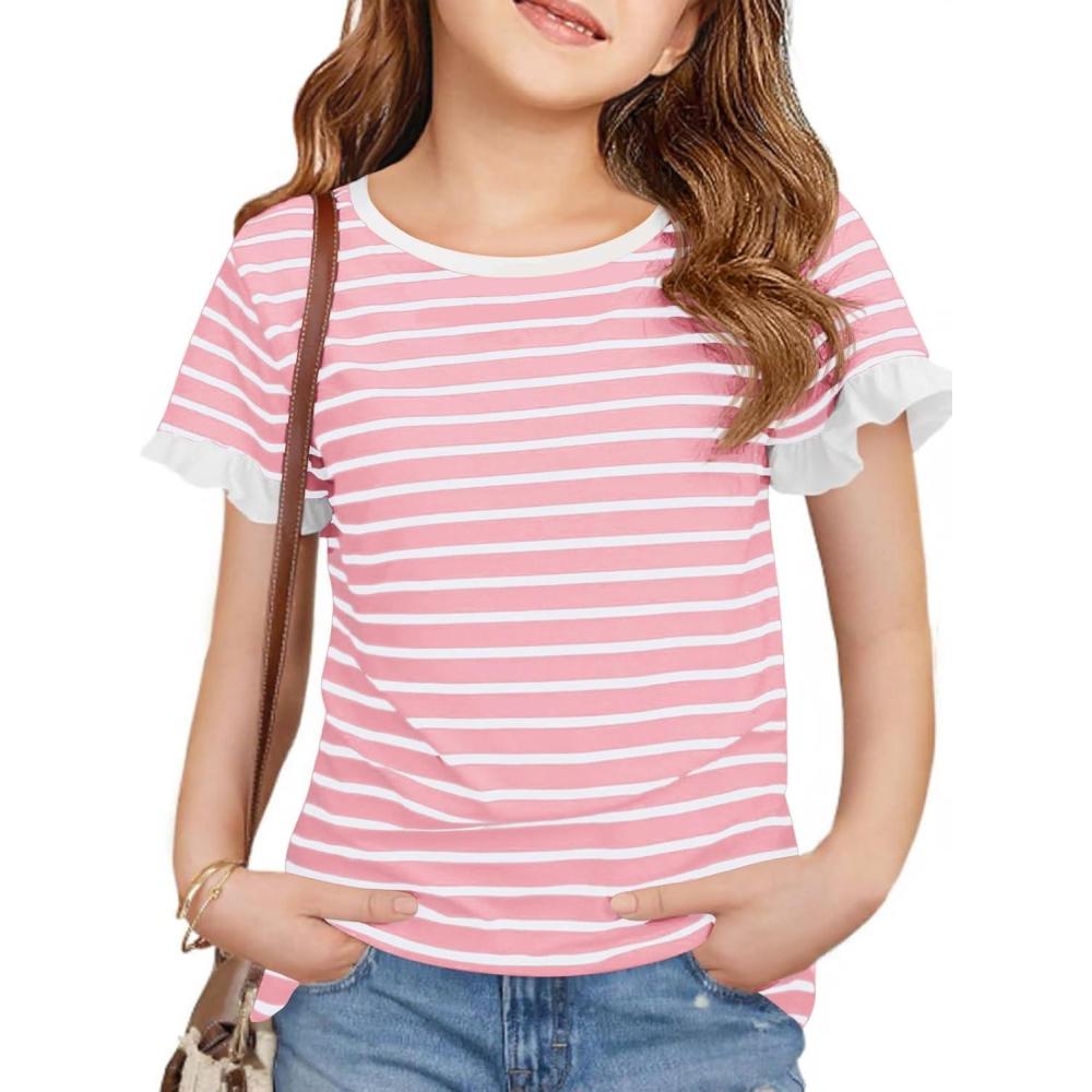 image:imageHaloumoning Girls Striped Ruffle Short Sleeve T Shirts Kids Summer Crewneck Tops Casual Tees 514 YearsPink