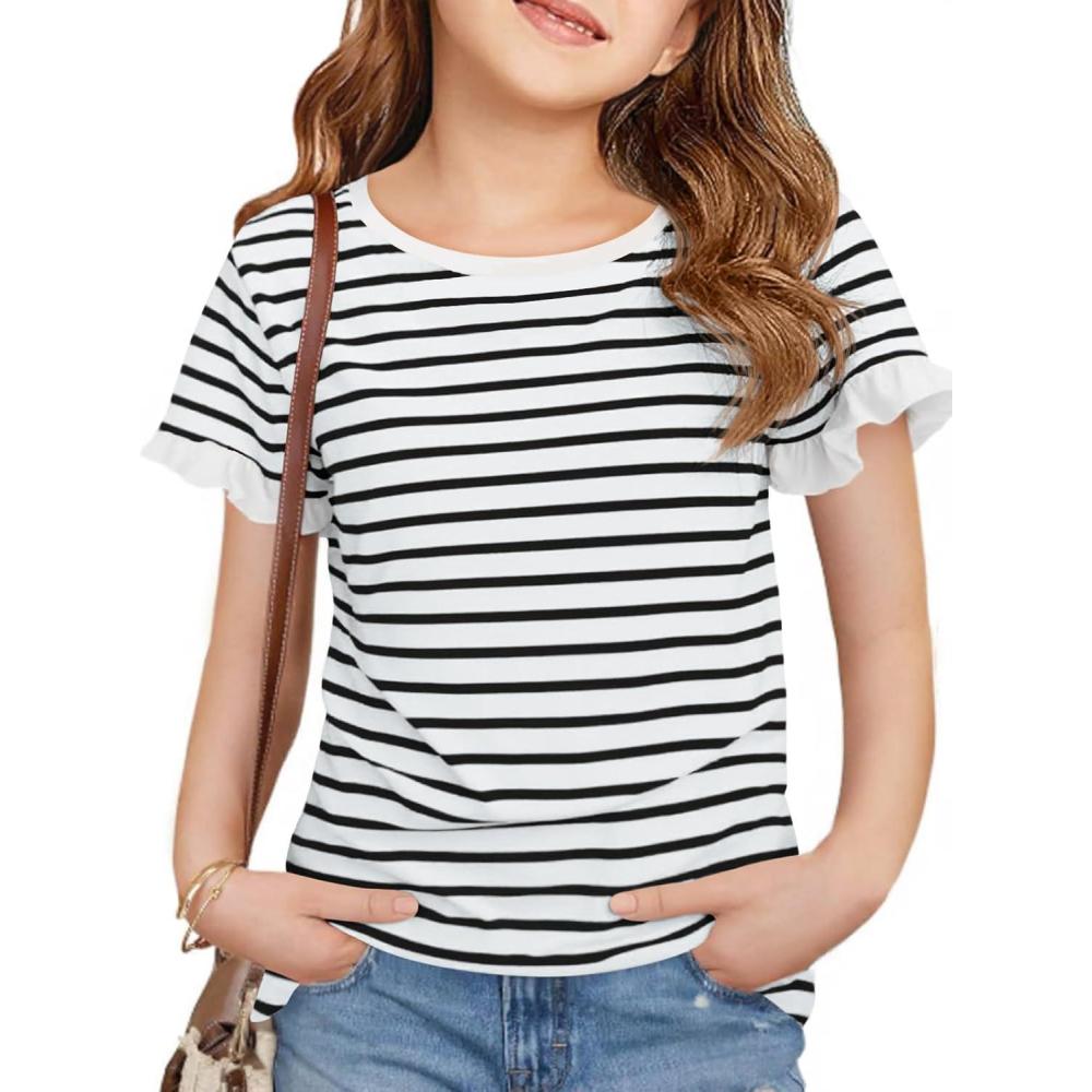 image:imageHaloumoning Girls Striped Ruffle Short Sleeve T Shirts Kids Summer Crewneck Tops Casual Tees 514 YearsWhite
