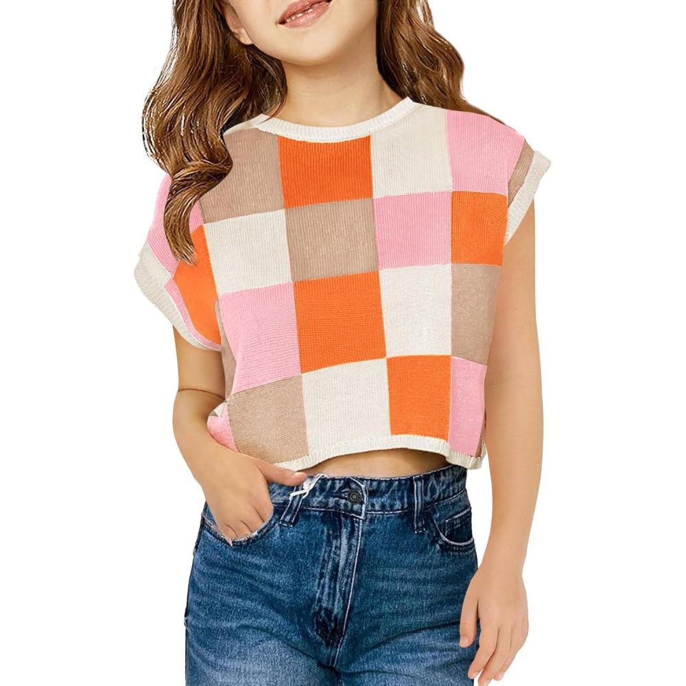 image:imageHaloumoning Girls Summer Crop Tops Color Block Vest Cute Tanks Cap Sleeve Tee Loose Kids Knit Top 514 YearsOrange