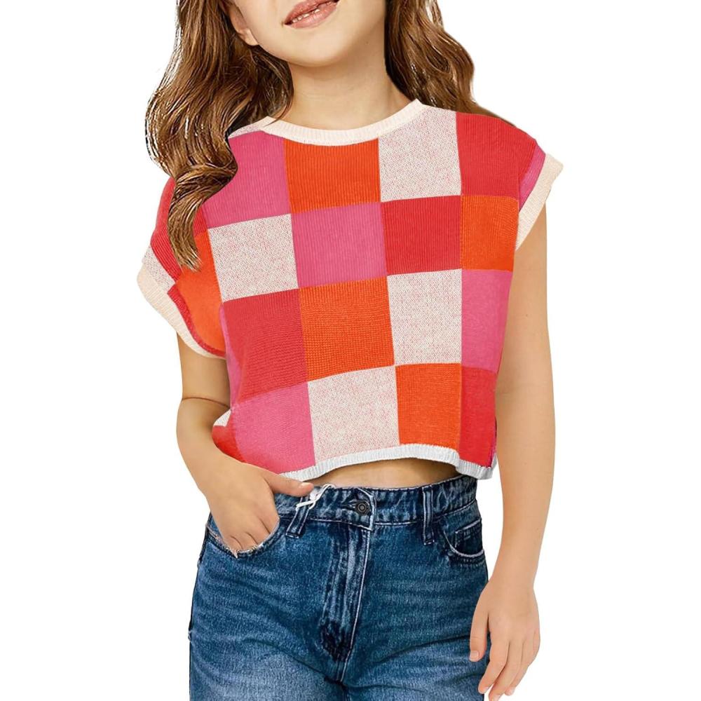 image:imageHaloumoning Girls Summer Crop Tops Color Block Vest Cute Tanks Cap Sleeve Tee Loose Kids Knit Top 514 YearsRed