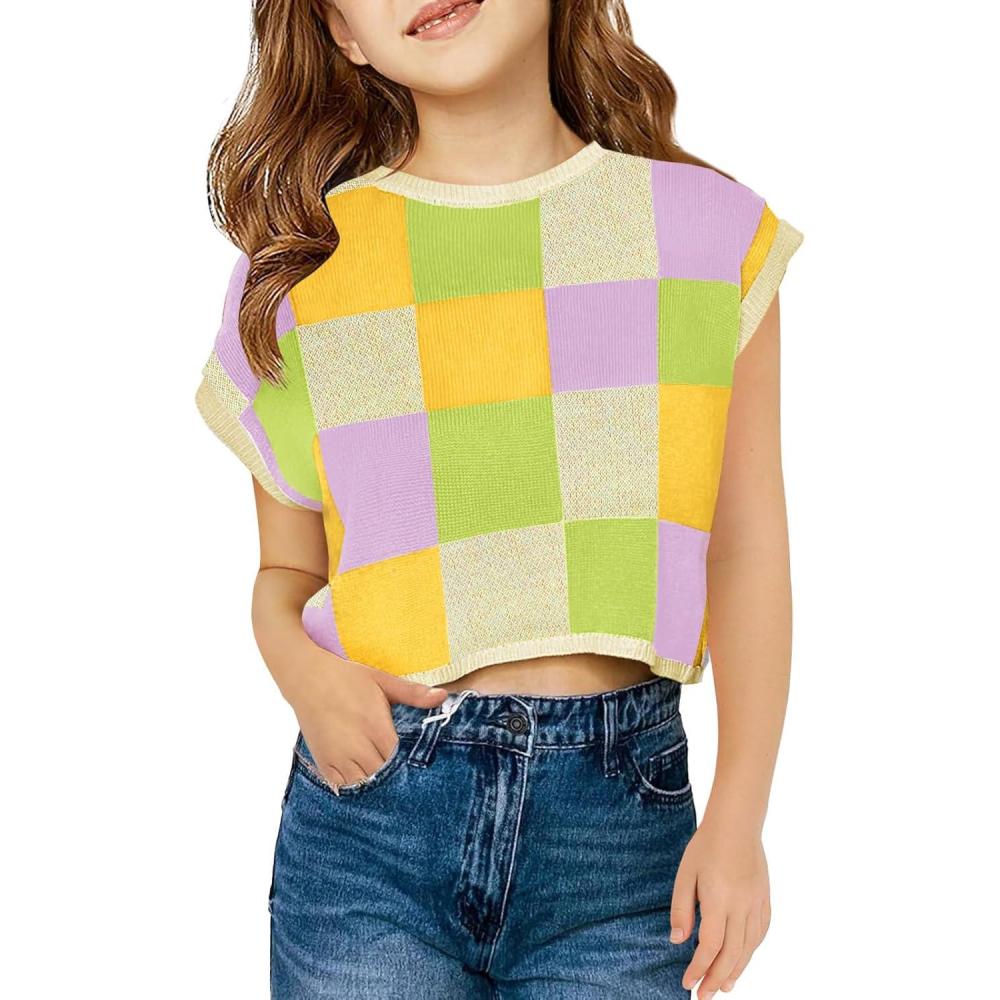 image:imageHaloumoning Girls Summer Crop Tops Color Block Vest Cute Tanks Cap Sleeve Tee Loose Kids Knit Top 514 YearsYellow